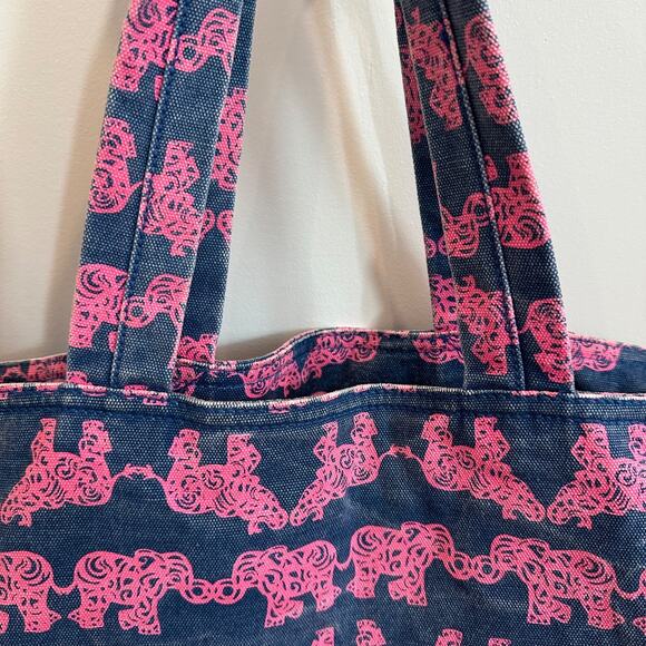 Lilly Pulitzer Elephant Printed Denim Tote Bag Navy Blue/Pink Distressed Carryal - Picture 3 of 12